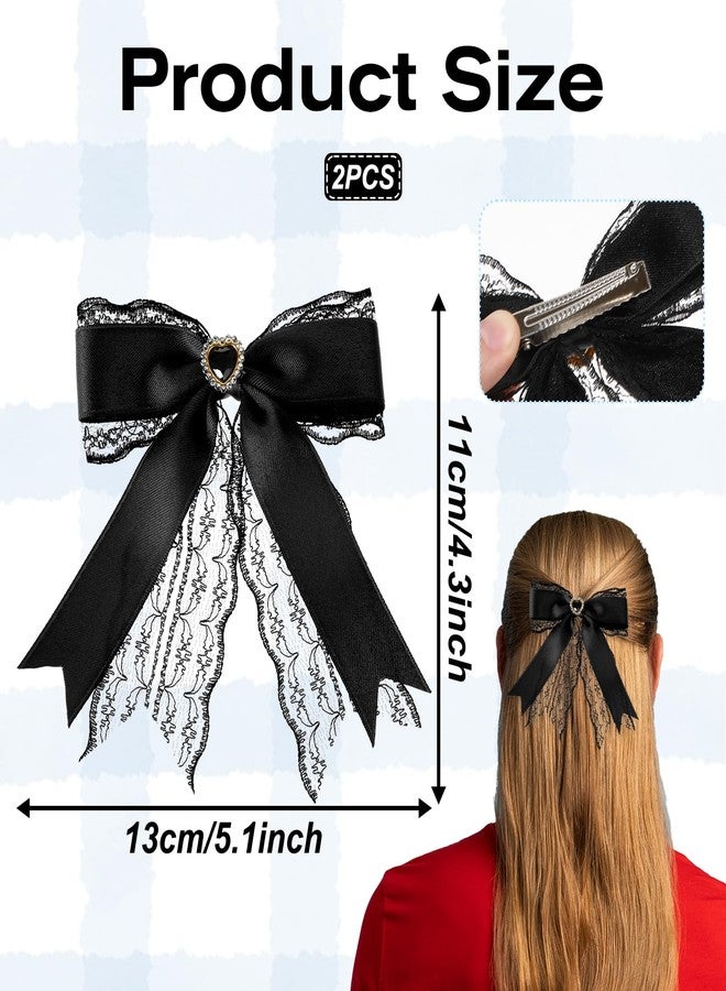 BOHUIZ 2 Pcs Black Lace Hair Bow Clips for Women, Cute Lace Bows for Hair with Tail Ribbon for Wedding Halloween Gothic Dress Decor Accessories Gift - Image 2